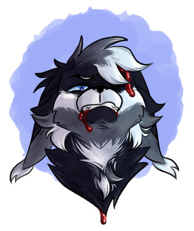 shaded headshot of a cat character shaded headshot of an angry cat with multicolored markings of grey, white, and black. Blood drips down their head and jaw.