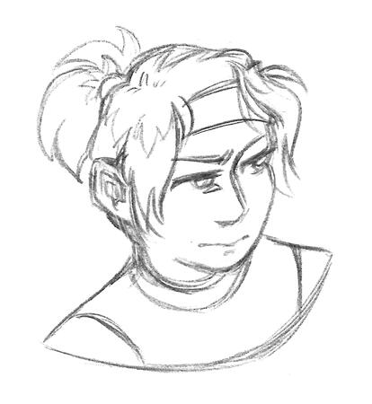 sketch headshot of a character looking focused, their hair is in a ponytail with their forehead covered by a headband.