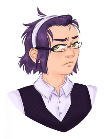 lightly shaded headshot of a human lightly shaded headshot of a light-skinned man looking at the camera. His hair is a dark purple bob with bangs held back with a white headband. He is wearing glasses, a white button-up, and a dark purple vest.