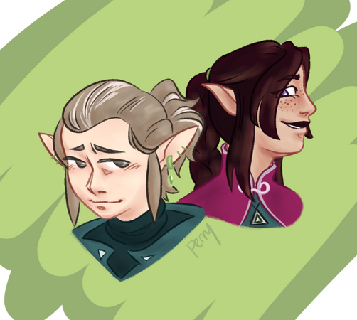 lightly shaded headshot of two characters looking at each other. The character on the right smiles, and the character on the left blushes with a small smile.