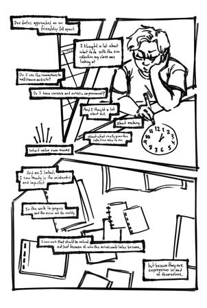 a black and white zine page. Full text unable to be listed here, but it is about finding value in imperfect art and expression.
