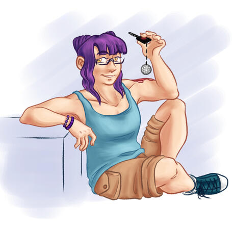 fullbody shaded drawing of a woman sitting and leaning on one arm. Her other arm is leaning on her knee and holding up her car keys with a mini disco ball keychain attached.