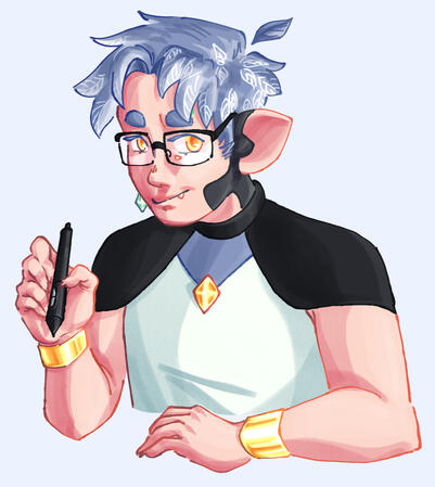 shaded bust fully shaded bust drawing of birdgarlic, a white vtuber with blue hair holding a tablet pen