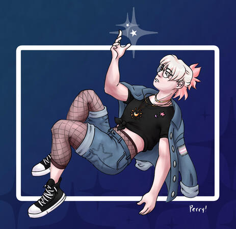 shaded fullbody shaded fullbody of a character drifting in frame, holding their right arm up to grab at some stars.