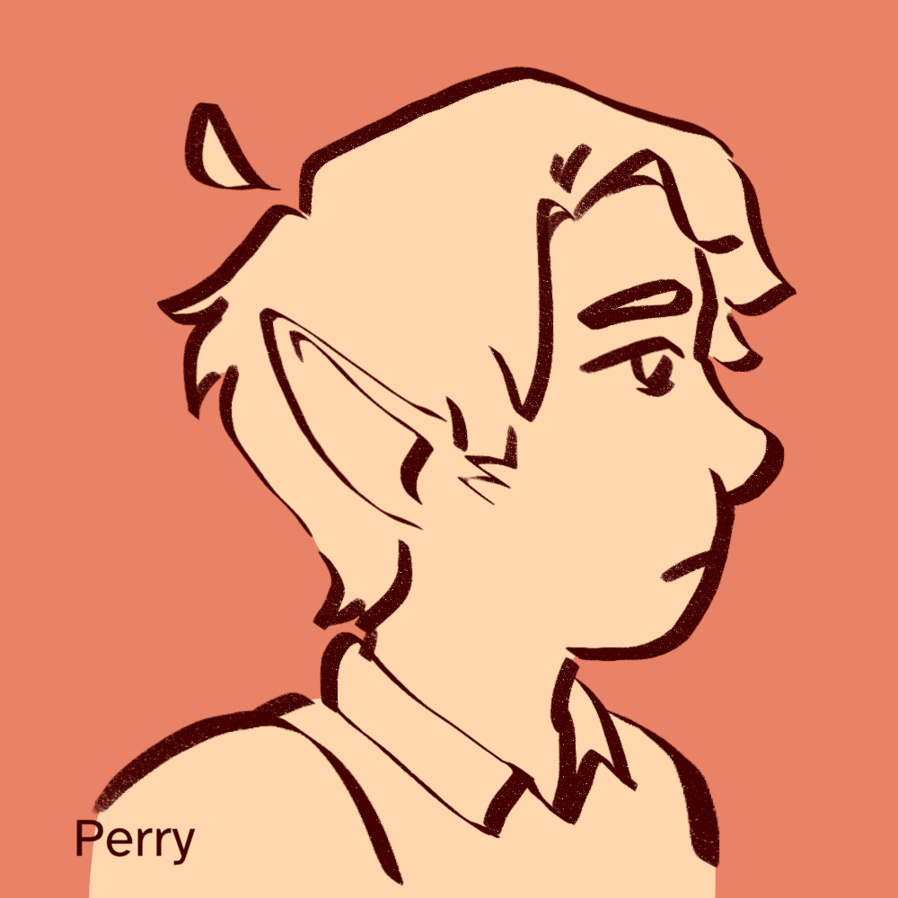 gif of a light orange 2D animated elf-like character going from a neutral expression to an anxious look to the side, against a darker orange background