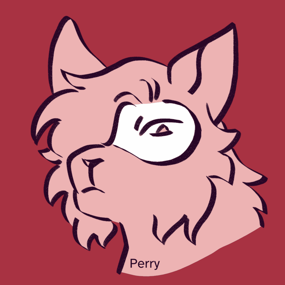 animated lineart gif gif of a light red 2D animated cat character going from a neutral expression to a devious smile, against a darker red background