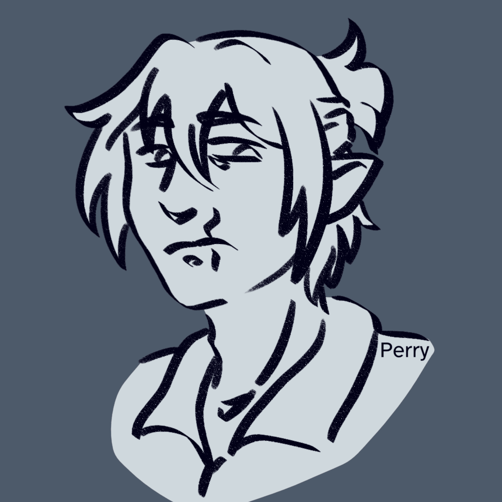 animated lineart gif a light blue-grey 2D animated human/elf-like character going from a neutral expression to grimacing, against a darker blue-grey background