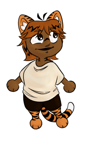 a lightly shaded chibi drawing of a part-human part-tiger character. They are smiling and looking off to the side.