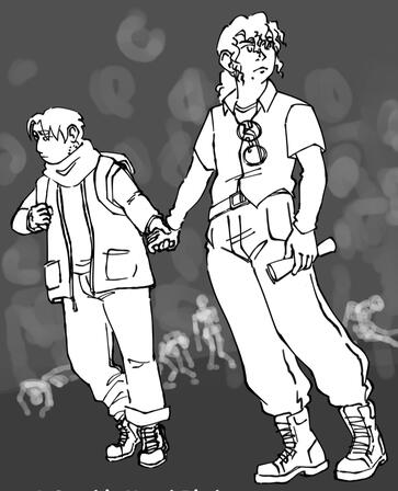 black and white drawing of two characters holding hands against a grey background with zombie-like shapes