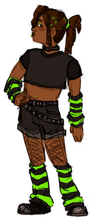 flat color sketch character design flat color fullbody sketch design of a standing Black person in a black and lime green scene outfit