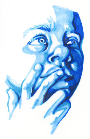 a face and hand drawn with blue markers on paper