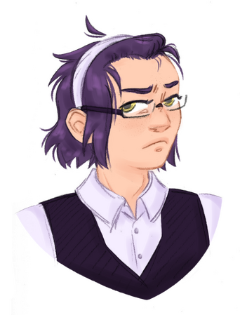 lightly shaded headshot of a light-skinned man looking at the camera. His hair is a dark purple bob with bangs held back with a white headband. He is wearing glasses, a white button-up, and a dark purple vest.