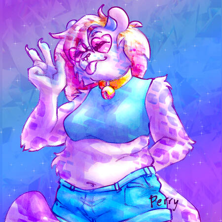 Halfbody furry art, Lisa Frank inspired brightly colored Lisa Frank-inspired art of a furry leopard character posing happily