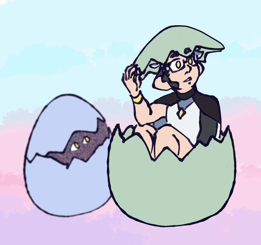 local man sits in egg. experts baffled looping gif of an animation. Birdgarlic sits between the top and bottom parts of a light green egg. He gets frightened by eyes in the blue egg behind him, tries to hide under the egg part on his head, then returns to his more neutral starting pose.